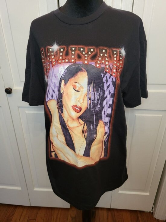 Aaliyah Tops - Aaliyah Black Graphic Tee Band Tee Rhinestones L Streetwear Bling Retro 90s